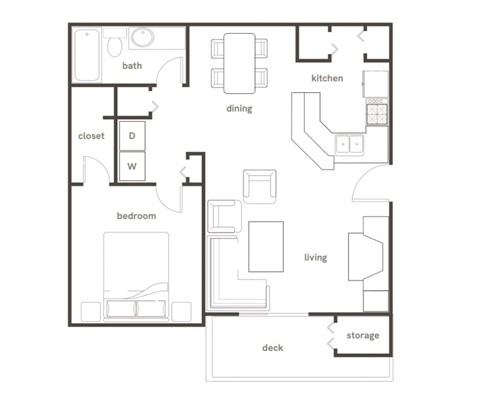 A black and white floor plan of a house with a bedroom, living room, kitchen, and deck.